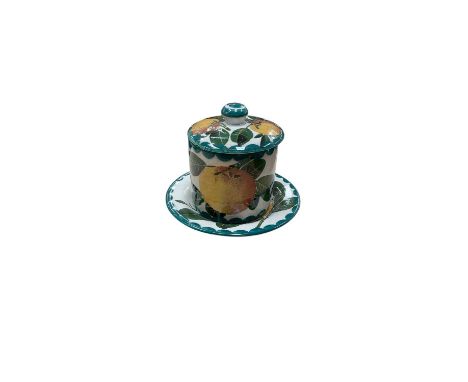 Wemyss small preserve pot, cover and stand, 7cm highGlaze crazing. The lid has a couple of chips on the underside. The saucer