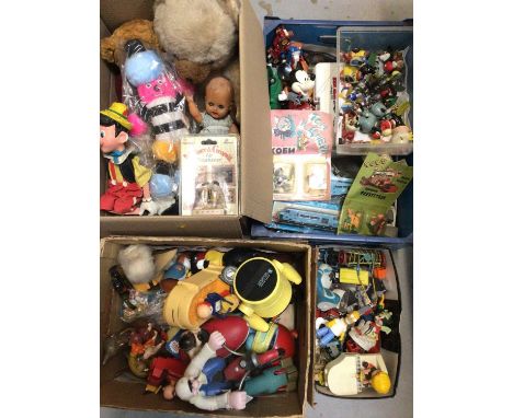 Three boxes of various toys, bears, figures etc including Disney, Looney Tunes, Snoopy, Pinocchio puppet etc