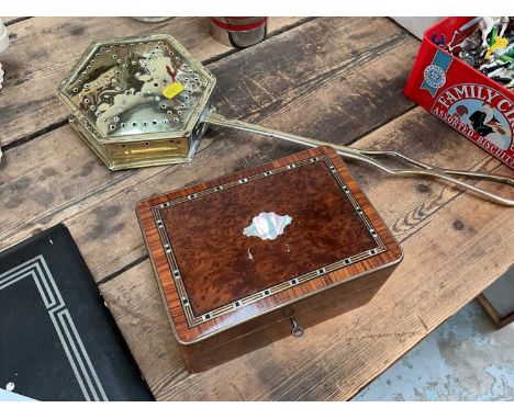 Walnut box with mother of pearl inlay (with key), 19cm wide, and a brass chestnut roaster (2)