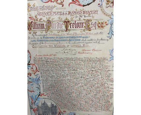Set of three Victorian hunting prints, an Edwardian illuminated document, 1851 print of Crystal Place and a marine oil