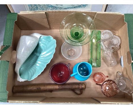 Box of china and glassware including a Poole pottery shell, together with a truncheon