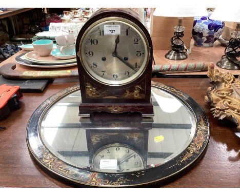 1930s mantel clock with striking movement in chinoiserie decorated case together with a matching circular wall mirror (2)Both