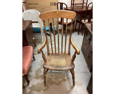 Victorian ash and elm stick back chair on turned legs joined by stretchers