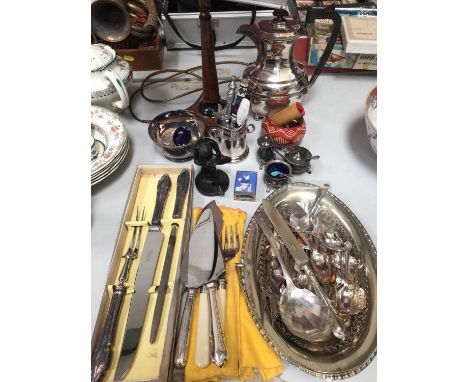 Silver plated coffee pot, table lamp, flatware including two silver salt spoons and sundries