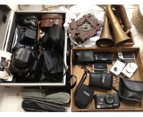 Selection of vintage cameras, digital cameras, accessories, a German cuckoo clock and two brass horns