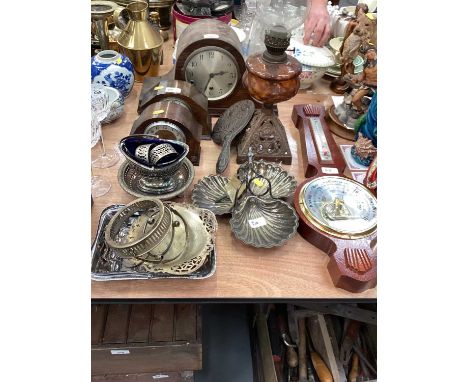 Three clocks together with an oil lamp, barometer and small group of plated wares.