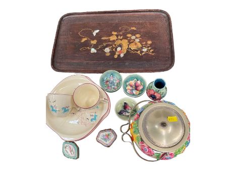 Japanese shibyama tray, together with four small Moorcroft pieces, Limoges boxes, Beswick tea wares and Clarice Cliff biscuit