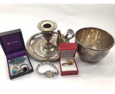 Edwardian silver bowl, silver plated chamber stick, silver rings, other jewellery and a wristwatch 