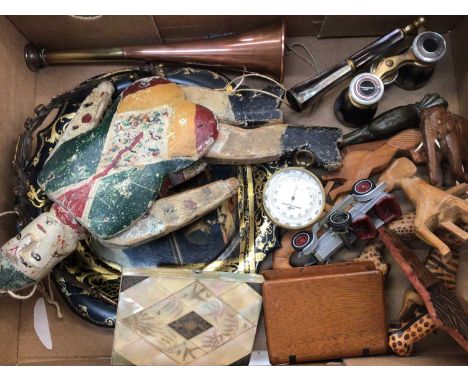 Negretti &amp; Zambra pocket barometer, copper hunting horn, mother of pearl card case, pair of opera glasses, papier-mâché d