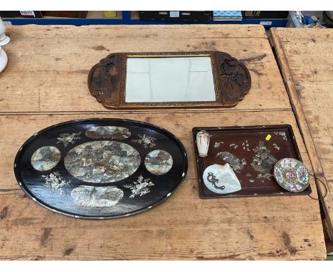 Group of Oriental items, including two Chinese mother of pearl inlaid trays (one bowed), a Chinese mirror, Canton dish, drago