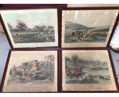 Set of six 19th century hand coloured sporting prints, in glazed frames and 19th century pole screen with embroided panel