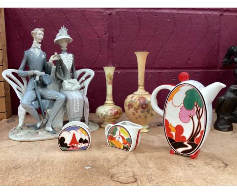 Royal Worcester posy vases, Lladro couple on bench seat &amp; Limited Edition Bonjour Coffee Set in the style of Clarice Clif