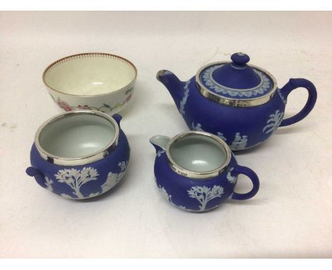 Wedgwood blue jasper dip small teapot and cover, milk jug and sugar bowl, with silver mounted rims, and a Royal Worcester sma