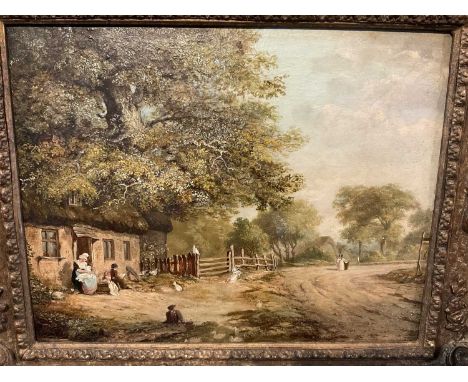 19th century English School, oil on panel, Cottage scene with figures, 27 x 33cm, framed 