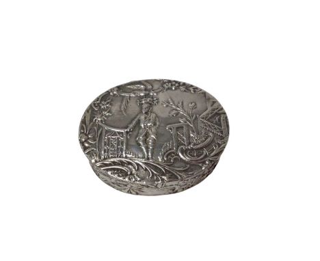 Continental silver oval embossed snuff box of oval form, with embossed image of a man, with a bird's nest on his head and oth