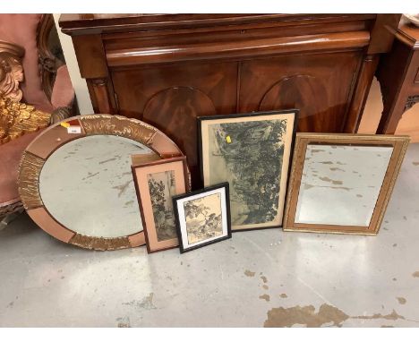 Two Art Deco wall mirrors in pink tinted mirrored frames and three print