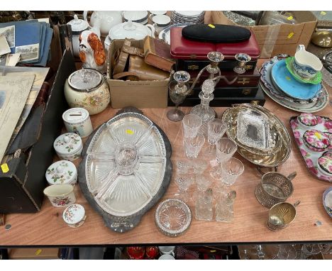 Group of silver plated flatware, Elkington stag handled cutlery, binoculars, china and sundries. 
