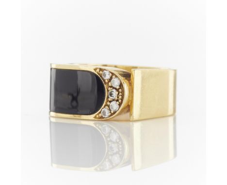 18k yellow gold ring set with five small brilliant cut diamonds in a crescent form next to a panel of onyx. Marked "750" and 