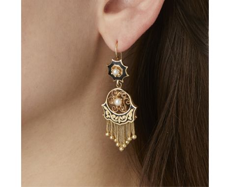 14k yellow gold and black enamel Victorian revival tassel earrings. On french wires suspending an eight pointed sunburst with