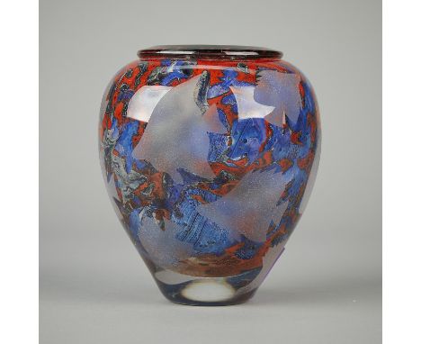 Jean-Claude Novaro (French, 1943-2015). Small handblown glass vase in mottled red and blue, 1997. Frosted outlines of fish fl