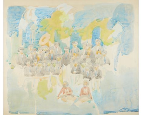Neil Welliver (American, 1929-2005). Watercolor on graphite painting on paper titled "Study of the Yale Marching Band" depict