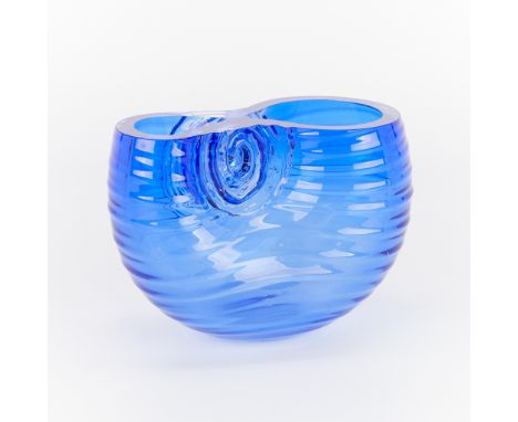 John Wolfe (American, b. 1955). Blue studio glass sculpture of a shell-like form, 1990. Etched signature, date, and inscribed