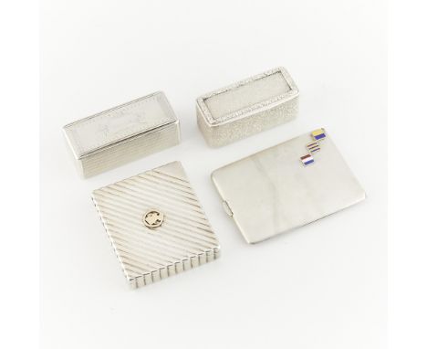 Group of four case including:Avedon Sterling box with diagonal fluting detail and 14k yellow gold logo of man in a top hat. W