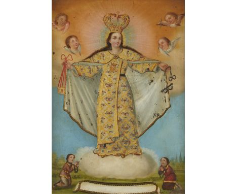 Spanish colonial painting on tin or metal depicting the Lady of Mercy surrounding by cherubim above and two supplicated figur