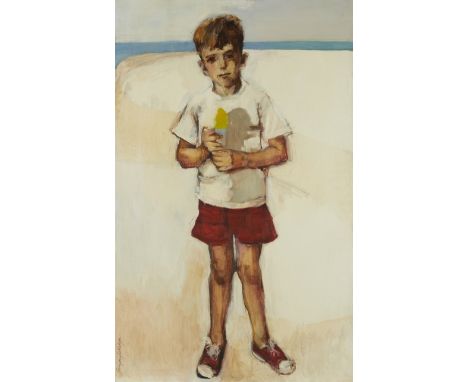 Evelyn Gathings (American, 1927-2010). Oil on canvas painting titled "The Snow Cone" depicting a young boy on a beach holding