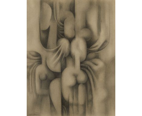 Mario Carreno Morales (Cuban, 1913-1999). Graphite on paper drawing titled "Rumor de Piel" or "Love," depicting abstracted fi