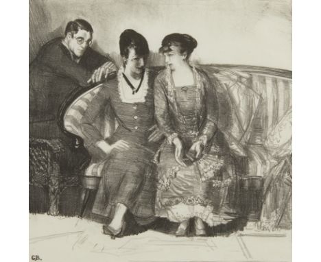 George Bellows (American, 1882-1925). Lithograph on paper titled "Emma, Elsie, and Gene" depicting a group of three seated fi