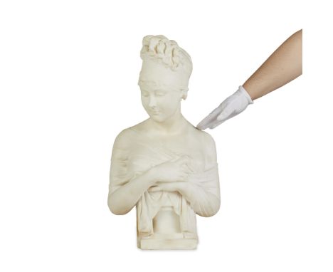 After Joseph Chinard (French, 1756-1813). Marble bust titled "Madame Recamier" depicting a scantily dressed woman, her hair i