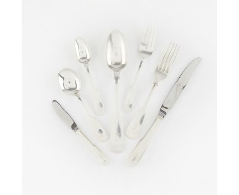 A group of 59 pieces of Gorham sterling flatware in the Old English Tipt pattern. Including eight table forks, eight salad fo