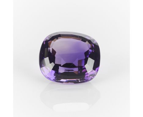 One 6.10 carat cushion cut amethyst with deep purple color.Length: 12.22 mmx width: 11.15 mm x depth: 7.31 mm. Gross weight: 