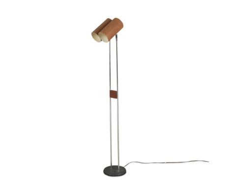 George Nelson (American, 1908-1986). Mid-century modern "Holzzylinder" walnut veneer floor lamp. Consisting of a pair of lamp