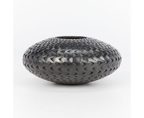 Michael Wisner (American, 20th/21st c). Studio ceramic pottery bowl, 2012. Glazed black and of ovoid form with a lattice-patt