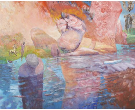 Large surreal oil painting. Depicting figures and a centaur in a delightfully fantastical and colorful landscape.Sight; heigh
