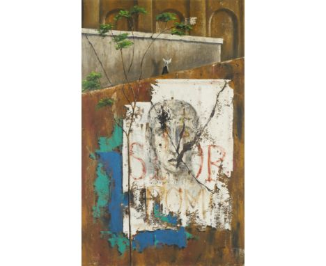 Sidney G. Rafilson (American, 1927-1992). Acrylic on board painting depicting a nun walking along a wall where a large Roman 