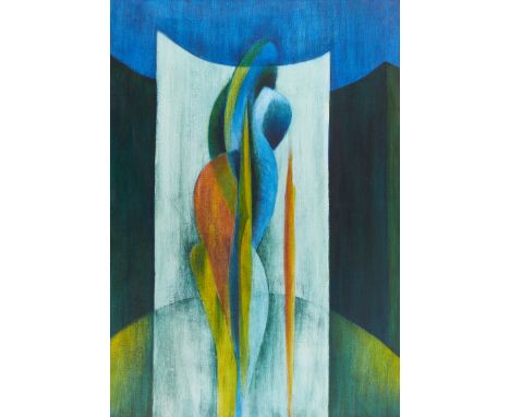 Dan Mason (American, 20th/21st c). Oil on linen painting titled "Arboreal Figure" depicting an abstract tree on a blue and gr