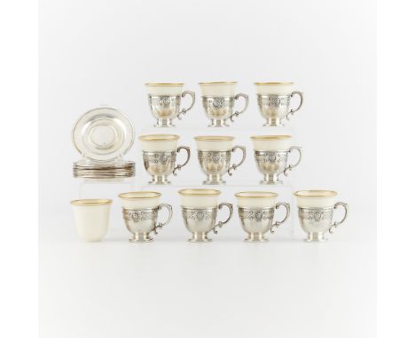 Dominick &amp; Haff, United States. Set of sterling silver demitasse cups and saucers with Lenox porcelain inserts. Including