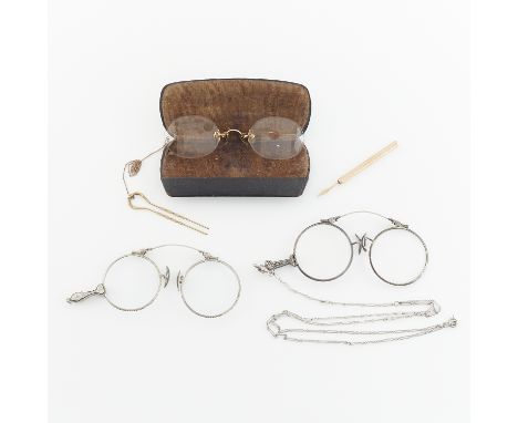 Group of three lorgnettes and a gold tooth pick.14k yellow gold tooth pick in engraved gold case marked Fairchild 14 KT, the 