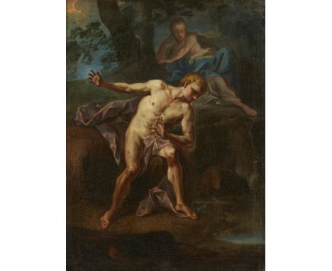18th century old master oil on canvas painting depicting a mythical scene. Depicting a nude male figure draped in a pale clot