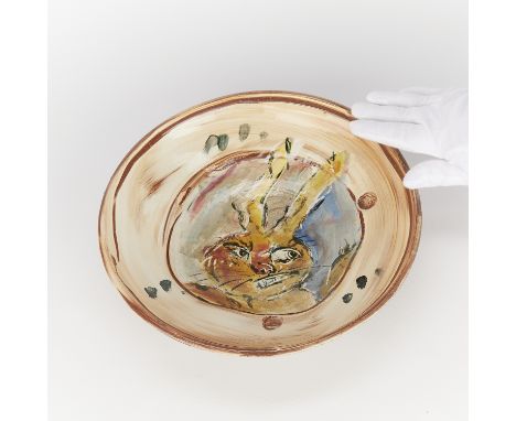Ron Meyers (American, b. 1934). Studio ceramic pottery bowl. Stoneware with a hand-painted depiction of a rabbit.Height: 2 1/