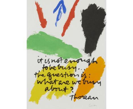 Corita Kent (American, 1918-1974). Serigraph titled "thoreau" on paper depicting an abstract arrangement of bold colors, 1971