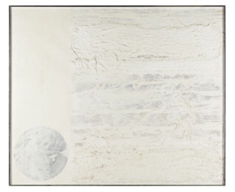 Possibly Richard Lawrence (British, b. 1960). Mixed media on canvas painting depicting a large abstract and textured white fi