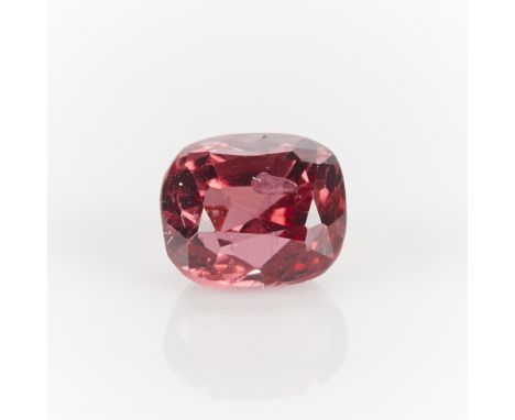 One 1.25 carat cushion cut pink spinel.Length: 5.91 mm x width: 5.21 mm x depth: 4.83 mm. Gross weight: 1.25 ct.Condition:Ver