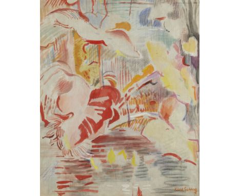 Karl Schrag (American, 1912-1995). Watercolor on paper painting titled "Southern Plants" depicting an abstract, colorful comp