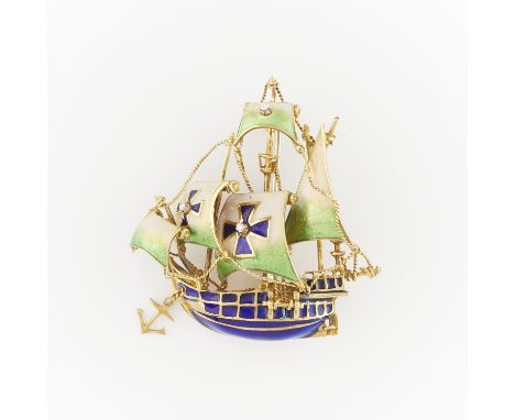 18k yellow gold Italian enamel Spanish galleon brooch. The ship rendered in blue enamel with gold accents, the sails in ombre