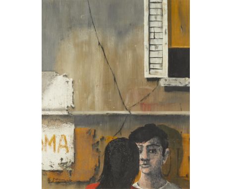 Sidney G. Rafilson (American, 1927-1992). Acrylic on board painting depicting two figures talking to each other in front of a