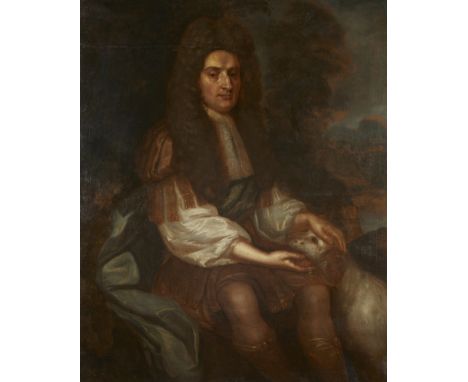 Late 18th to early 19th century English oil on canvas painting depicting a portrait of a seated man with a hunting dog. The d